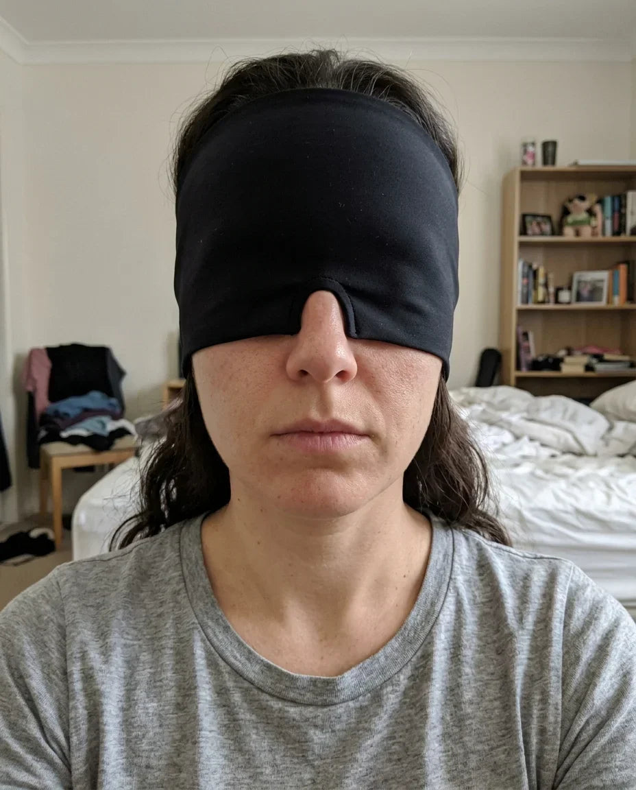 Customer photo of the cap worn, forehead to cheekbone