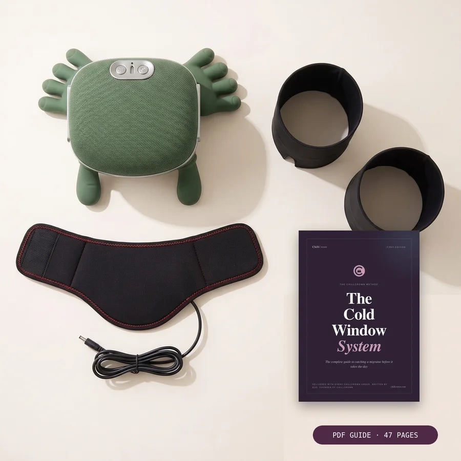 The ChillCrown Full Window Set: caps, shiatsu massager, heated wrap, and the Cold Window System guide