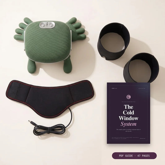 The ChillCrown Full Window Set: caps, shiatsu massager, heated wrap, and the Cold Window System guide